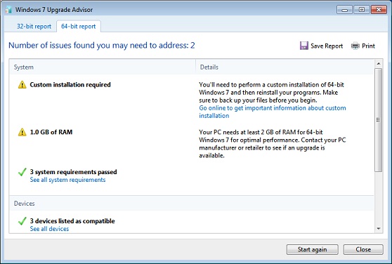 Windows 7 Upgrade Advisor Report