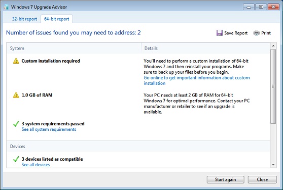 Windows 7 Upgrade Advisor Report